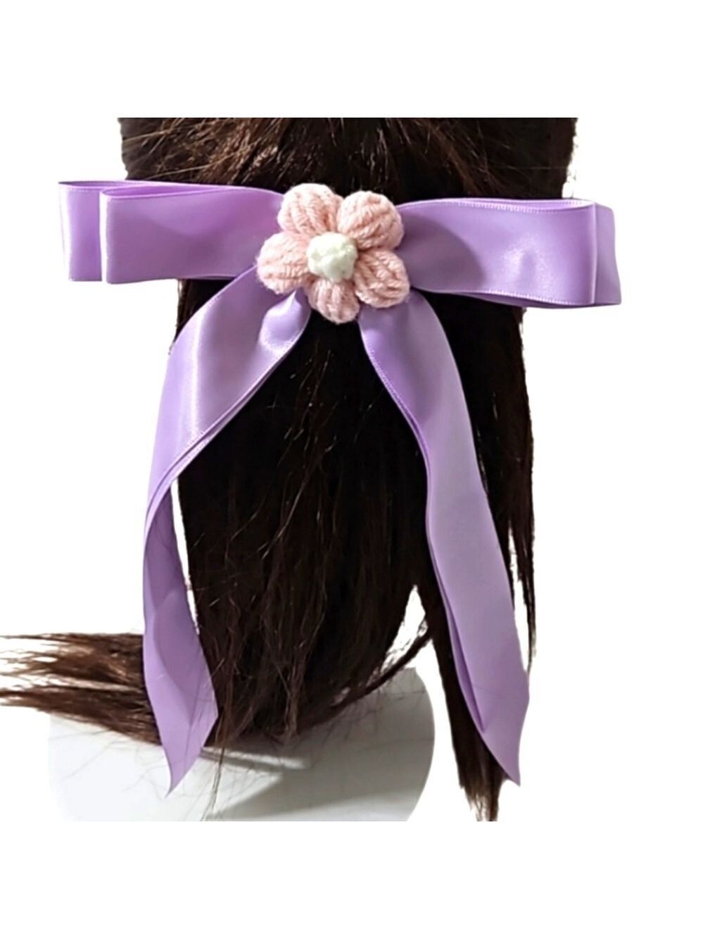 Hand Crafted Purple Bow Knit Crochet Flower Alligator Clip